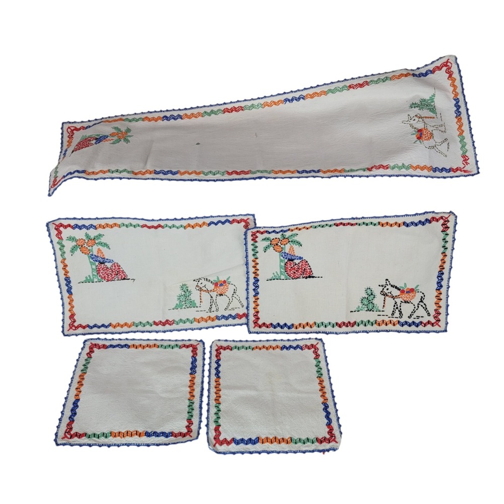 Vintage Mexican Hand Embroidered Table Linen Set 5pc Siesta‎ Donkey Folk Art